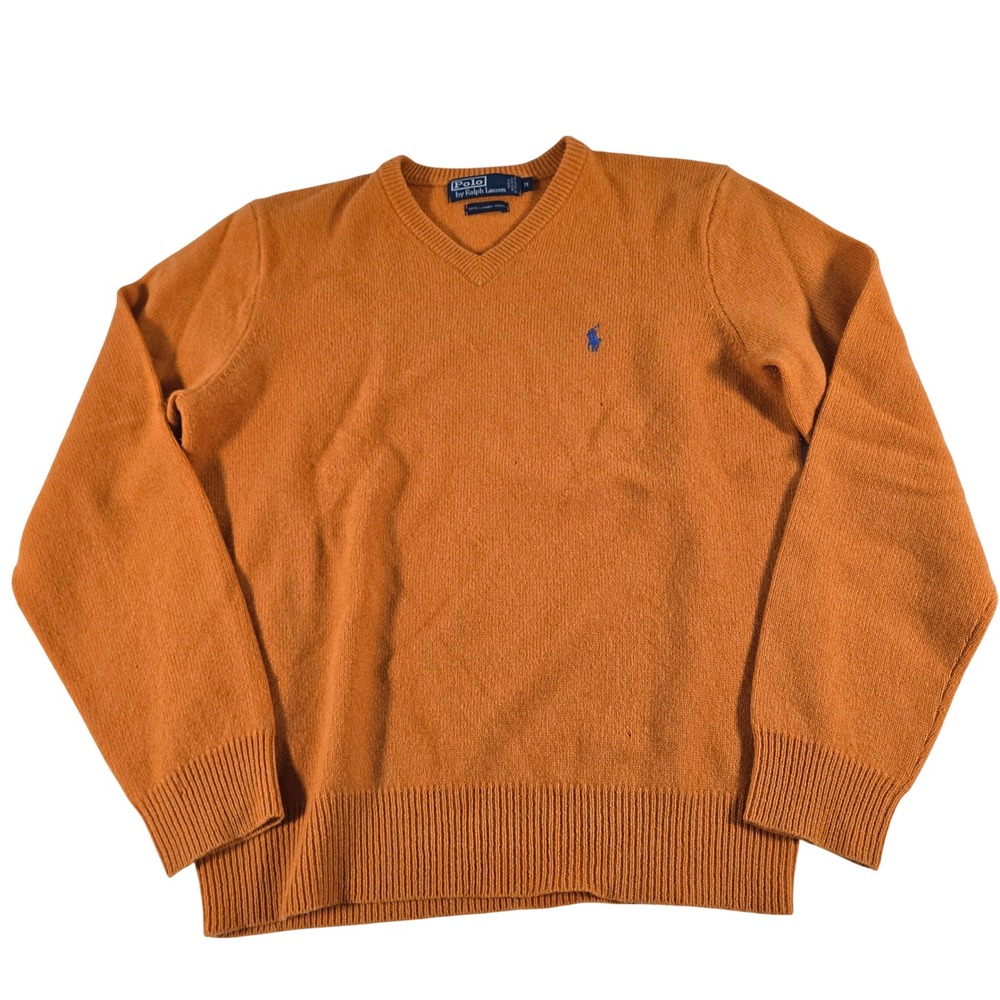 Polo Ralph Lauren Mens Orange 100% Lambswool V-Neck Sweater Size M Blue Pony